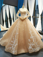 Champagne Ball Gown Tulle Lace Appliques Off The Shoulder Long Sleeve Prom Dresses