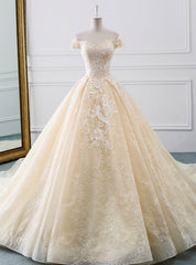 Champagne Ball Gown Tulle Lace Appliques Wedding Dresses With Train