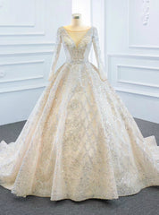 Champagne Ball Gown Tulle Sequins Long Sleeve Wedding Dresses