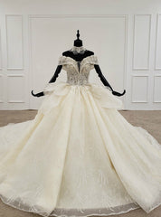 Champagne Ball Gown Tulle Sequins Off the Shoulder Beading Luxury Wedding Dresses