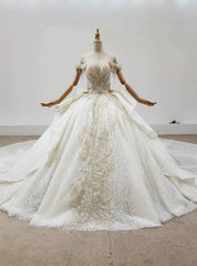 Champagne Ball Gown Tulle Sequins Short Sleeve Beading Bow Wedding Dresses