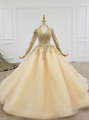 Champagne Ball Gown Tulle V-neck Long Sleeve Wedding Dresses Wit Beading