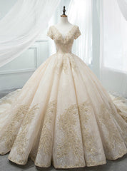 Champagne Ball Gown V-neck Backless Tulle Appliques With Beaded Wedding Dresses