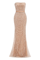 Champagne Beading Prom Dresses Sweep Train High Neck Zipper Sleeveless Fromal Dresses