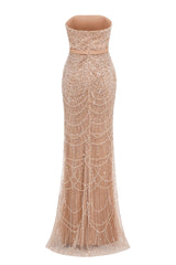 Champagne Beading Prom Dresses Sweep Train High Neck Zipper Sleeveless Fromal Dresses