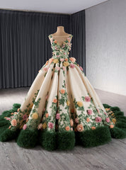 Champagne Green Tulle 3D Flower Prom Dresses