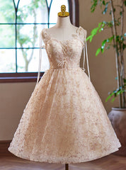 Champagne Lace Spaghetti Straps Homecoming Dresses