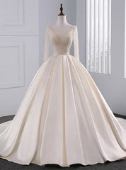 Champagne Long Sleeve Backless Satin Beading Wedding Dress