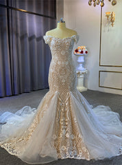 Champagne Mermaid Appliques Beading Wedding Dresses