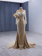 Champagne Mermaid Long Sleeve Beading Prom Dresses