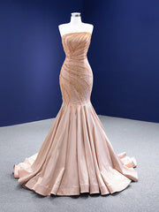 Champagne Mermaid Satin Strapless Beading Sequins Prom Dresses