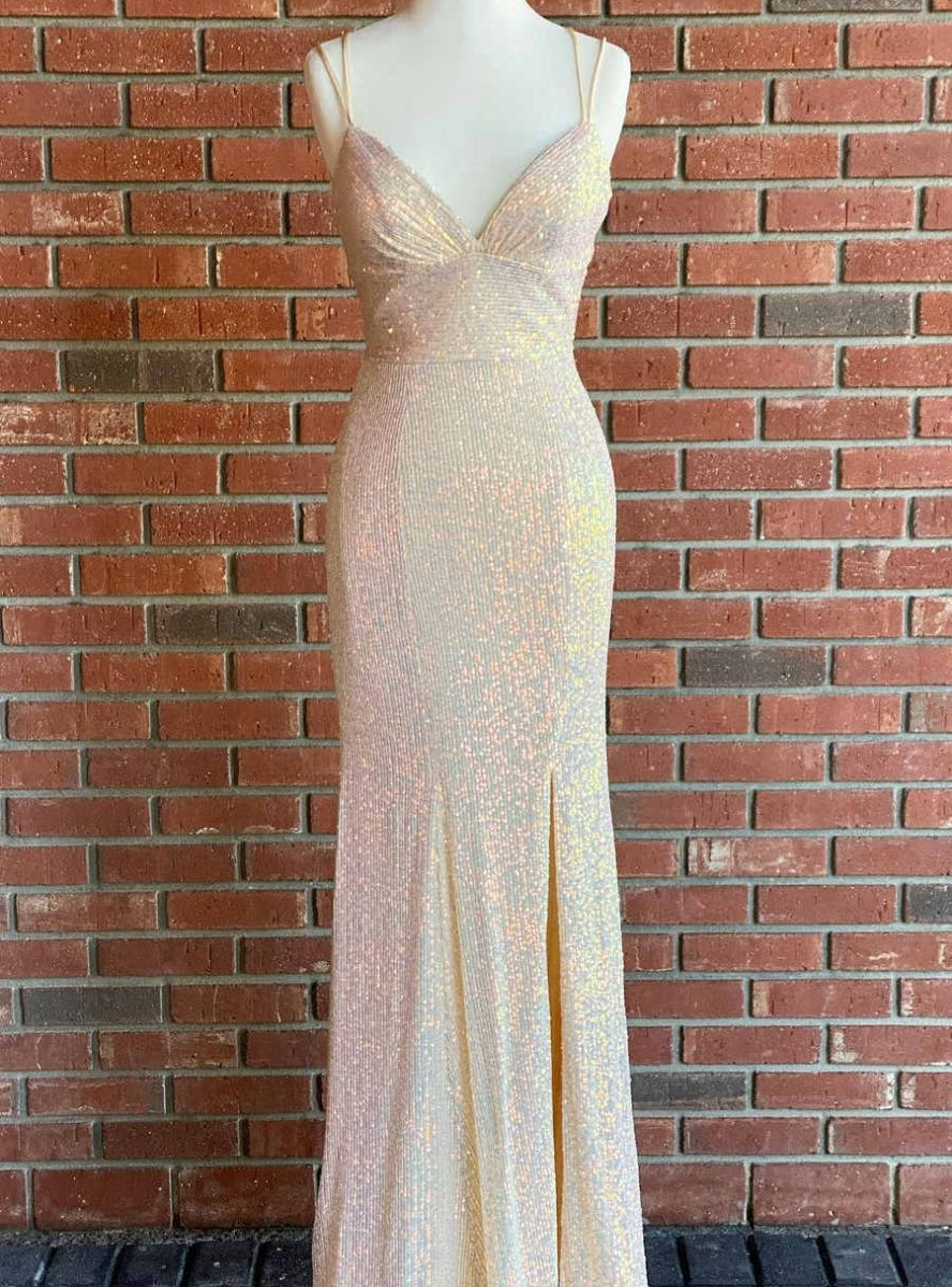 Champagne Mermaid Sequins Spaghetti Straps Prom Dress