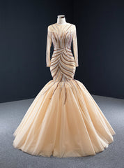 Champagne Mermaid Tulle Beading Long Sleeve Prom Dresses