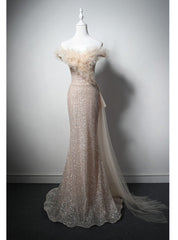 Champagne Mermaid Tulle Sequins Off the Shoulder Prom Dresses