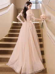 Champagne Off Shoulder Tulle Sequin Long Prom Dress, Champagne Evening Dress