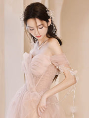 Champagne Pink A-Line Tulle Sequin Long Prom Dresses, Champagne Pink Formal Dresses