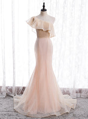 Champagne Pink Mermaid Sequins One Shoulder Prom Dresses