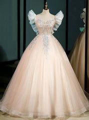 Champagne Pink Tulle Sequins Appliques Quinceanera Dress