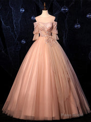 Champagne Pink Tulle Short Sleeve Appliques Beading Quinceanera Dress