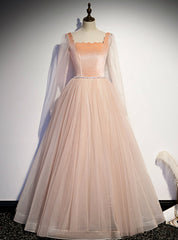 Champagne Pink Tulle Square Long Sleeve Prom Dresses