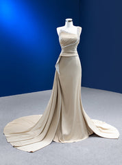 Champagne Satin One Shoulder Beading Prom Dresses