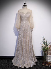 Champagne Sequins Long Sleeve Prom Dresses