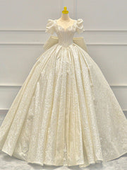 Champagne Sequins Square Puff Sleeve Beading Wedding Dresses