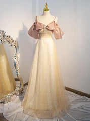 Champagne Sequins Straps Bow Prom Dresses