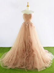 Champagne Sweetheart Tulle Pleats Appliques Wedding Dresses