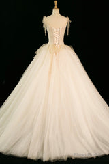 Champagne Tulle Beaded Long Prom Dress, A-Line Evening Party Dress