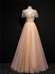 Champagne Tulle Beading V-neck Prom Dresses