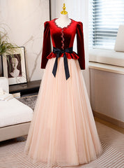 Champagne Tulle Burgundy Velvet Long Sleeve Prom Dresses