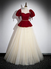 Champagne Tulle Burgundy Velvet Puff Sleeve Beading Prom Dresses