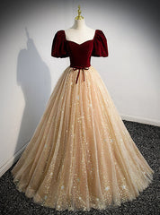 Champagne Tulle Burgundy Velvet Puff Sleeve Prom Dresses