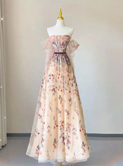 Champagne Tulle Emboidery Flower Prom Dresses