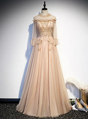 Champagne Tulle High Neck Long Sleeve Beading Prom Dresses