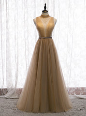 Champagne Tulle High Neck Pleats Beading Backless Long Prom Dresses