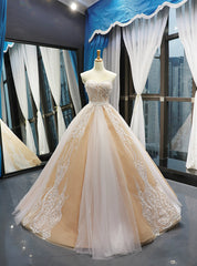 Champagne Tulle Lace Appliques Sweetheart With Beading Prom Dresses