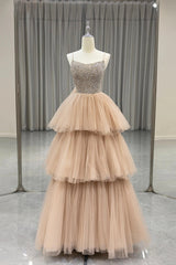 Champagne Tulle Layers Long A-Line Prom Dresses, Spaghetti Strap Beaded Evening Dresses