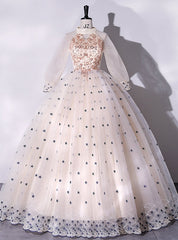 Champagne Tulle Long Sleeve High Neck Quinceanera Dresses