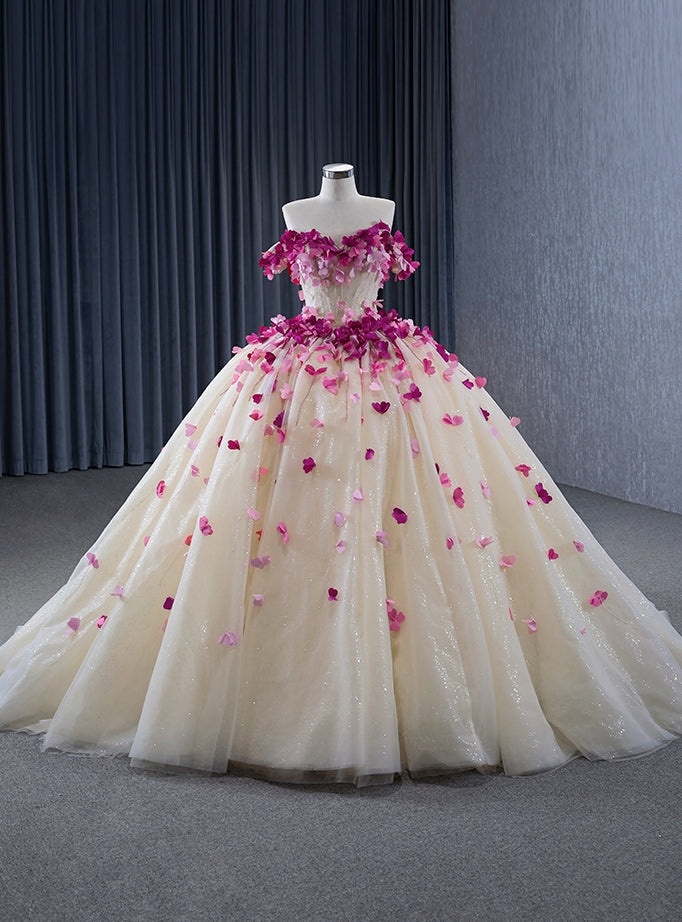 Champagne Tulle Off the Shoulder 3D Flower Beading Prom Dress