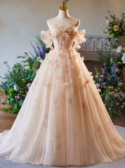 Champagne Tulle Off the Shoulder 3D Flower Prom Dresses