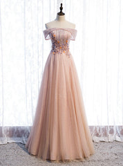 Champagne Tulle Off the Shoulder Beading Prom Dresses