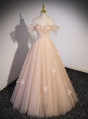 Champagne Tulle Off the Shoulder Flower Prom Dresses