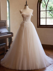 Champagne Tulle Pleats Spaghetti Straps Wedding Dresses