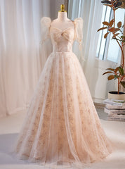 Champagne Tulle Puff Sleeve Prom Dresses