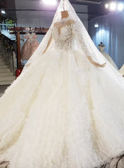 Champagne Tulle Ruffles Long Sleeve High Neck Wedding Dresses