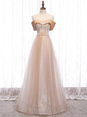 Champagne Tulle Sequins Beading Off the Shoulder Prom Dresses