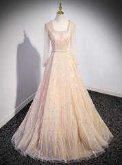 Champagne Tulle Sequins Long Sleeve Prom Dresses