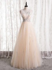 Champagne Tulle Sequins Pleats Beading Prom Dresses